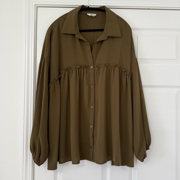 Andrée Baby Doll Long Sleeve Top Olive Green 1X - Picture 1 of 2